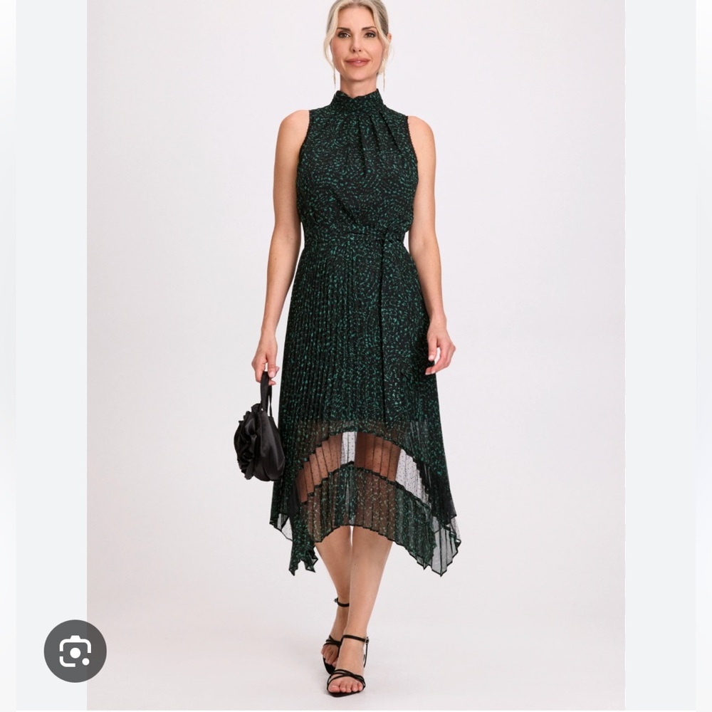 Laura Geometric Print Pleated Midi Chiffon Dress Green Pattern